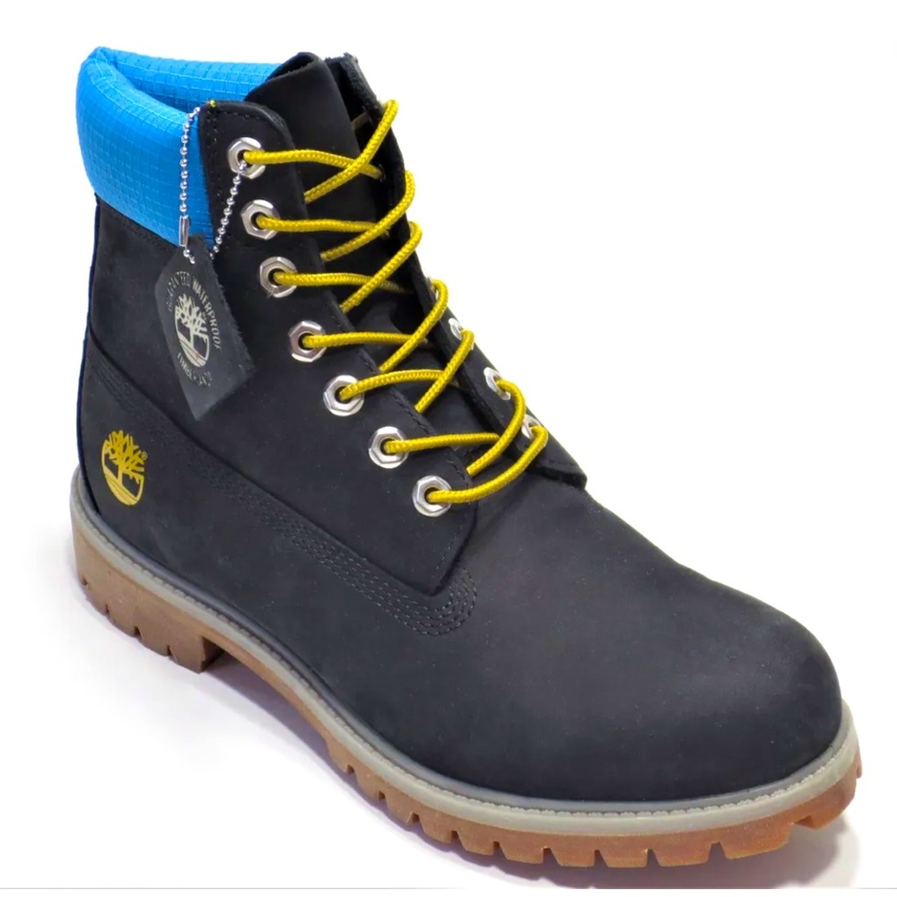 NWOT Timberland Premium Black Blue (Grey/yellow accents)Leather Waterproof Boots